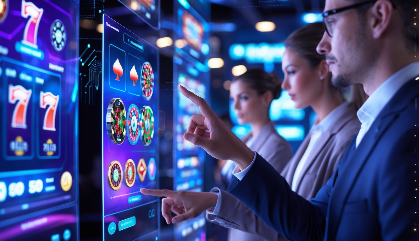 Orang-orang menggunakan antarmuka digital modern dengan berbagai permainan kasino di layar transparan dalam suasana teknologi canggih.