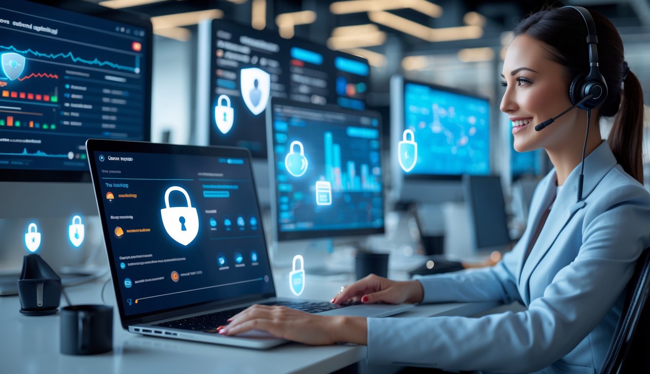 Seorang perwakilan layanan pelanggan profesional sedang bekerja dengan laptop di kantor modern yang menunjukkan suasana aman dan terpercaya dalam judi online.