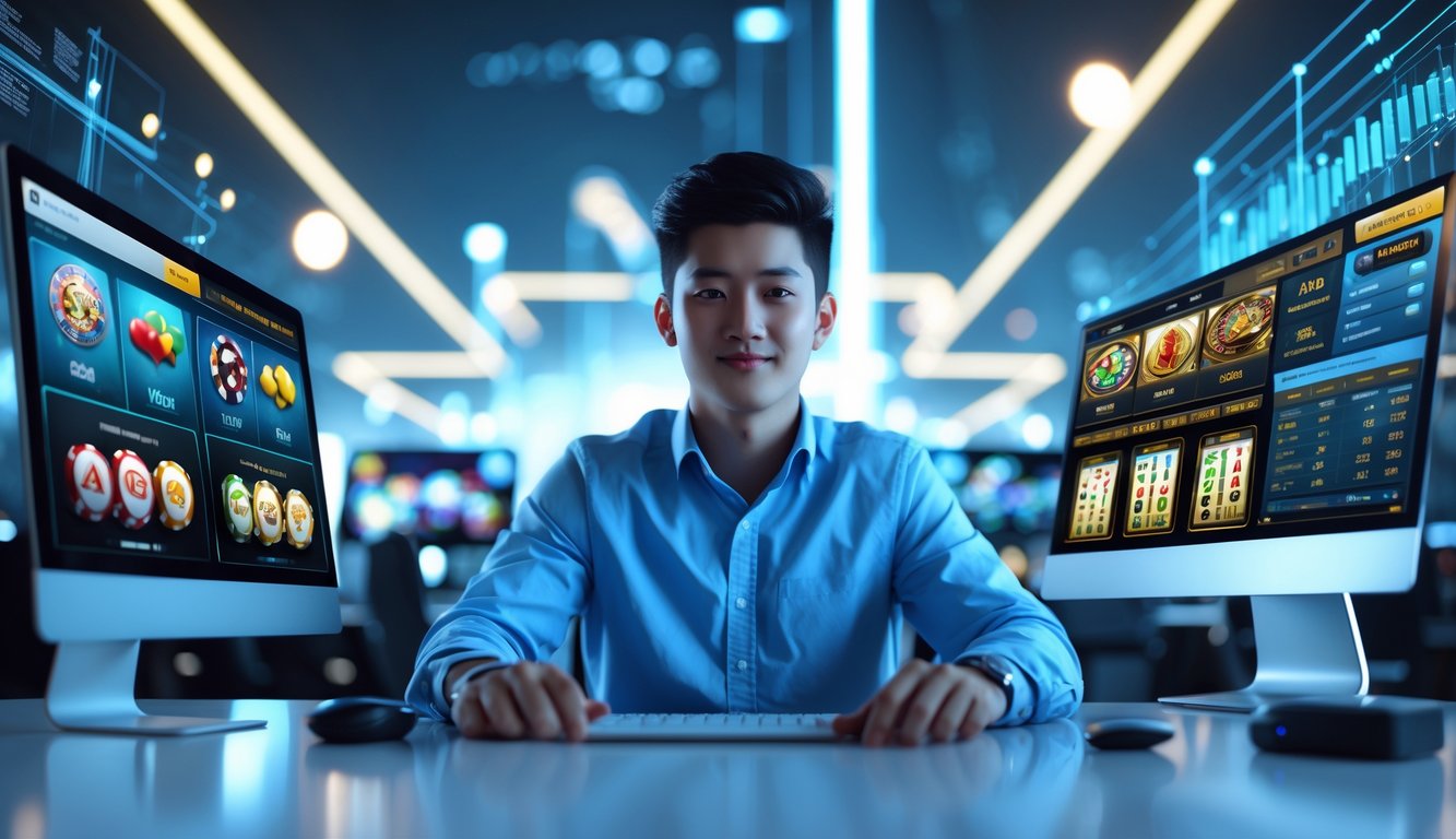 Seorang dewasa muda duduk di meja dengan beberapa perangkat digital yang menampilkan permainan kasino online dan antarmuka taruhan.