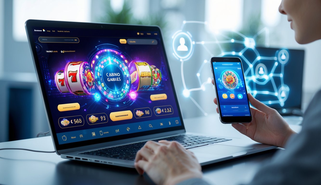 Seseorang menggunakan laptop dan ponsel dengan tampilan permainan kasino digital di lingkungan teknologi modern.