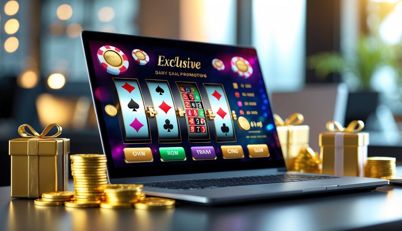 Sebuah meja kerja dengan komputer yang menampilkan permainan kasino online dan simbol bonus serta promosi di sekitar meja.