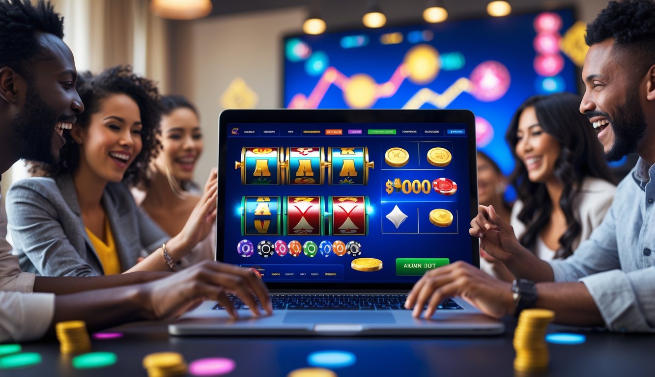 Orang-orang antusias bermain permainan judi online di depan komputer dengan latar ruangan modern dan elemen kemenangan digital.