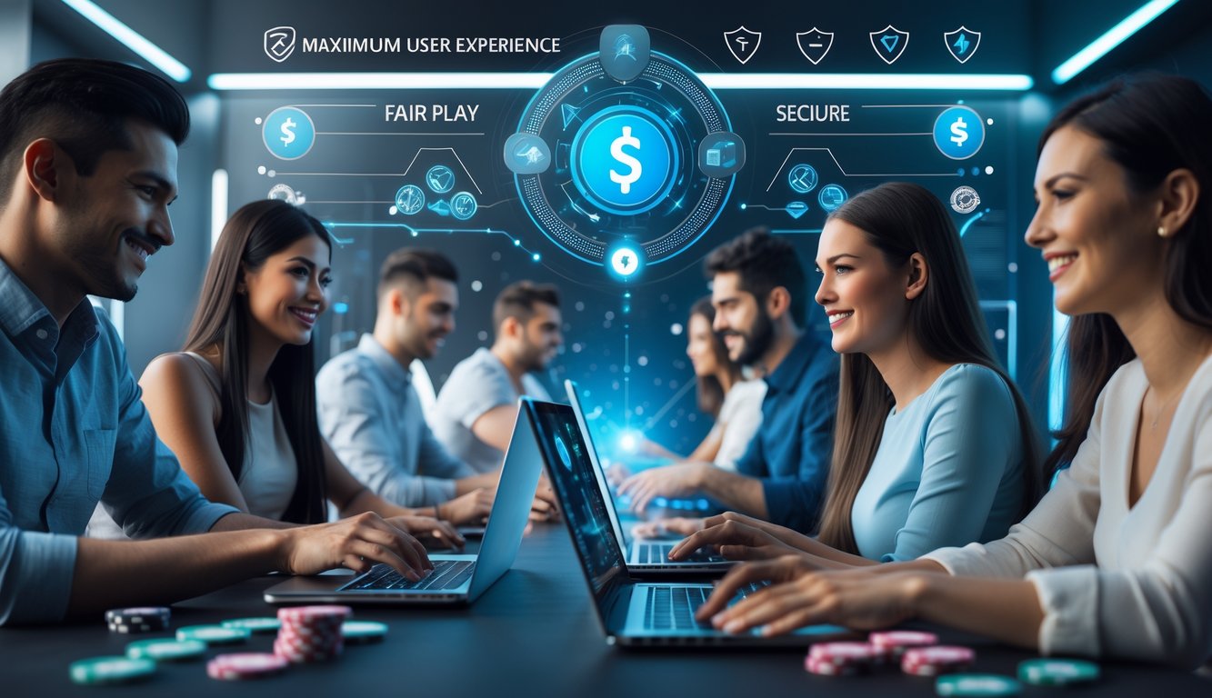 Beberapa orang sedang bermain judi online dengan perangkat digital di ruangan modern yang terang dan nyaman.