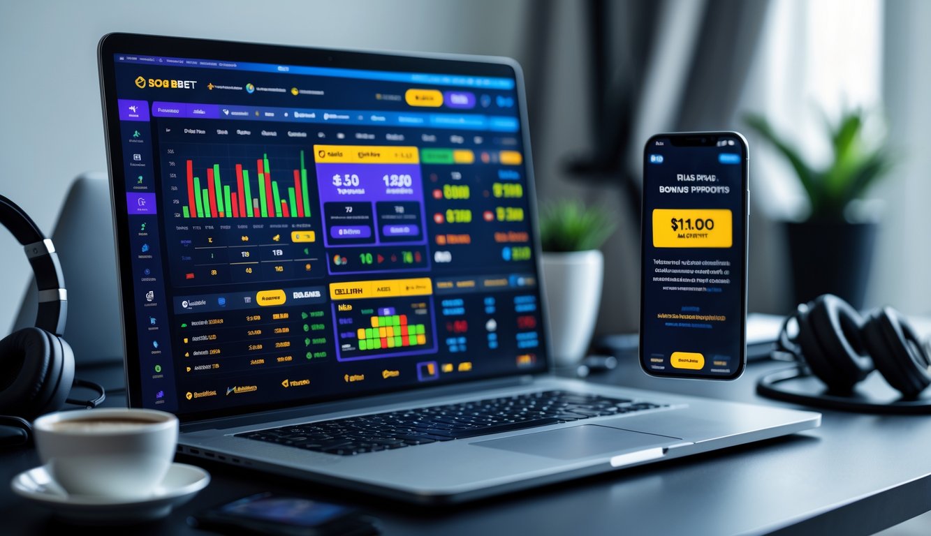 Seorang pria menggunakan laptop dan ponsel di meja kerja modern dengan tampilan antarmuka taruhan online yang berwarna-warni dan elemen promosi di sekitar.