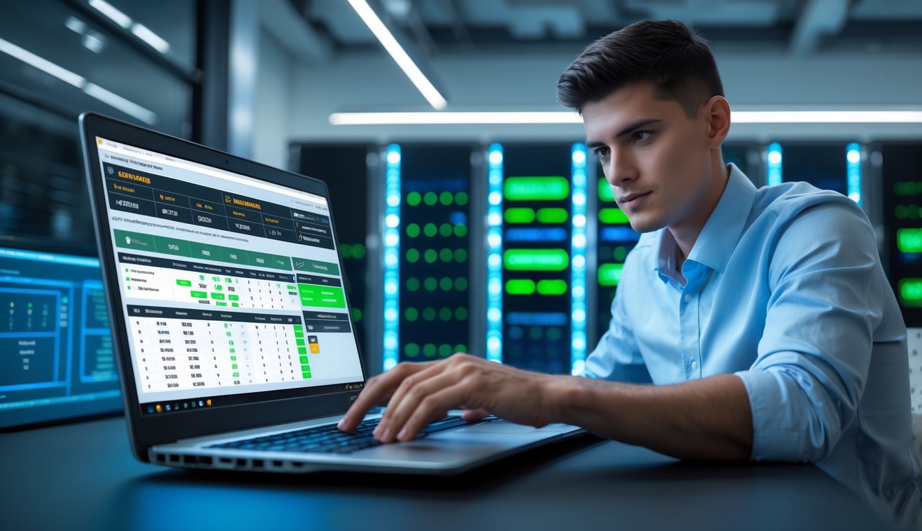 Seorang dewasa muda menggunakan laptop di depan server dengan lampu menyala, menunjukkan lingkungan taruhan online yang stabil dan kompetitif.