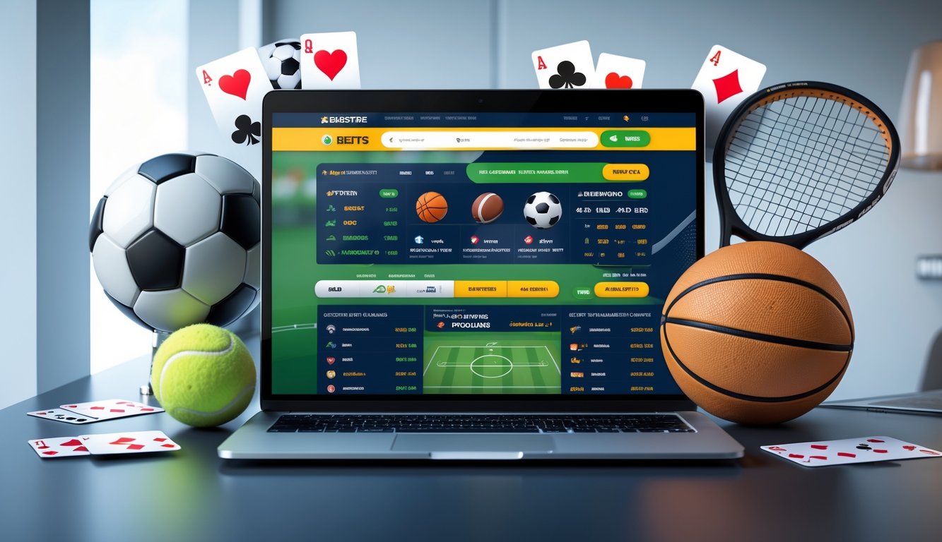 Seseorang menggunakan komputer dengan layar menampilkan situs taruhan olahraga online, dikelilingi oleh bola sepak, bola basket, raket tenis, dan kartu remi.