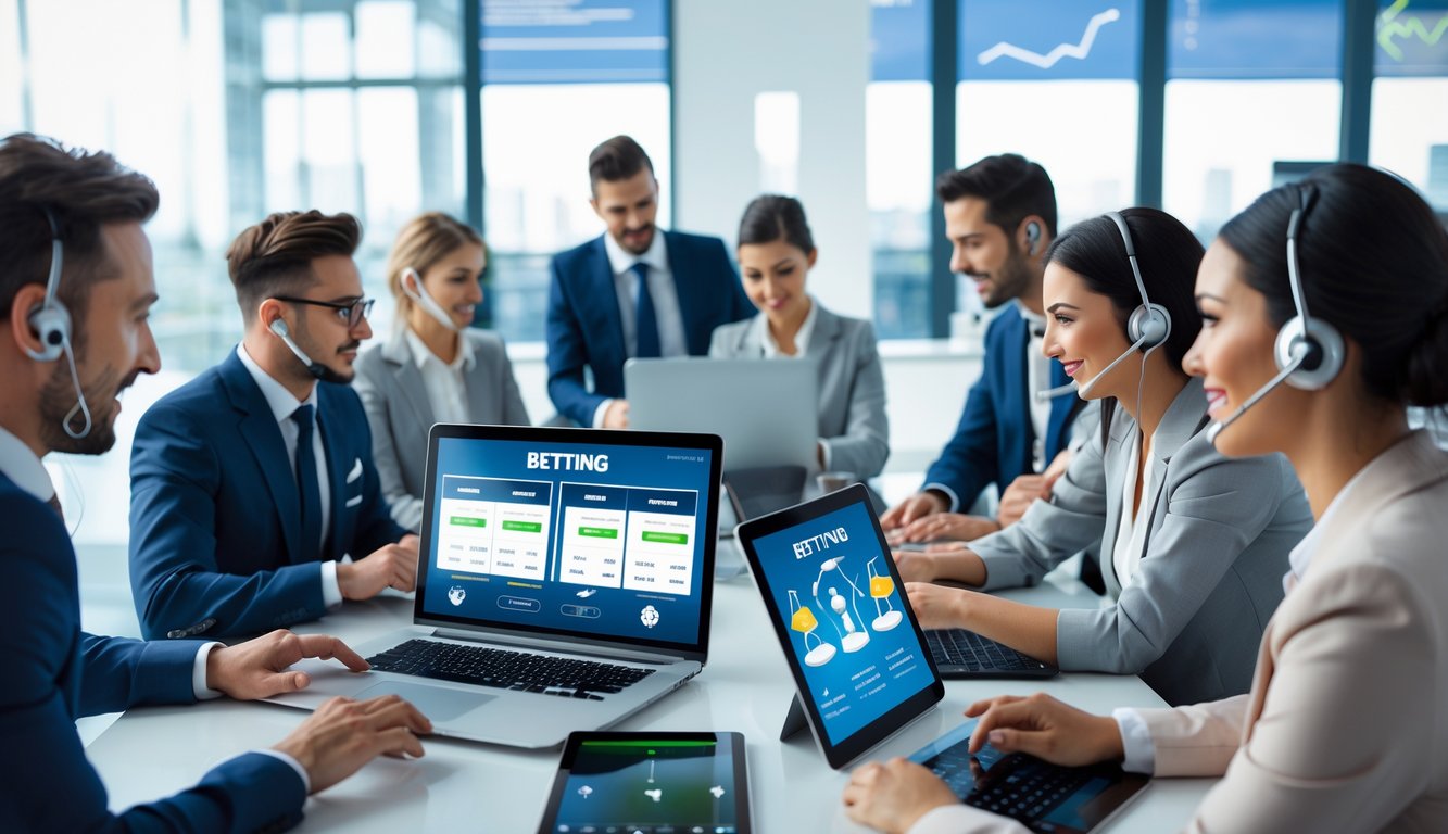 Beberapa orang profesional menggunakan perangkat digital di ruang kantor terang yang menunjukkan layanan taruhan online yang adil dan profesional.