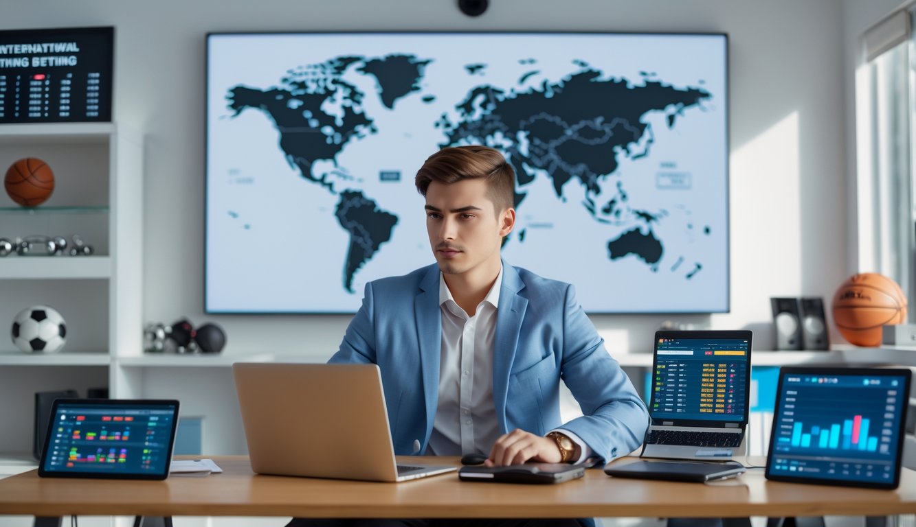 Mladić sedi za stolom i koristi laptop u svetloj sobi sa sportskim rekvizitima i mapom sveta na zidu.