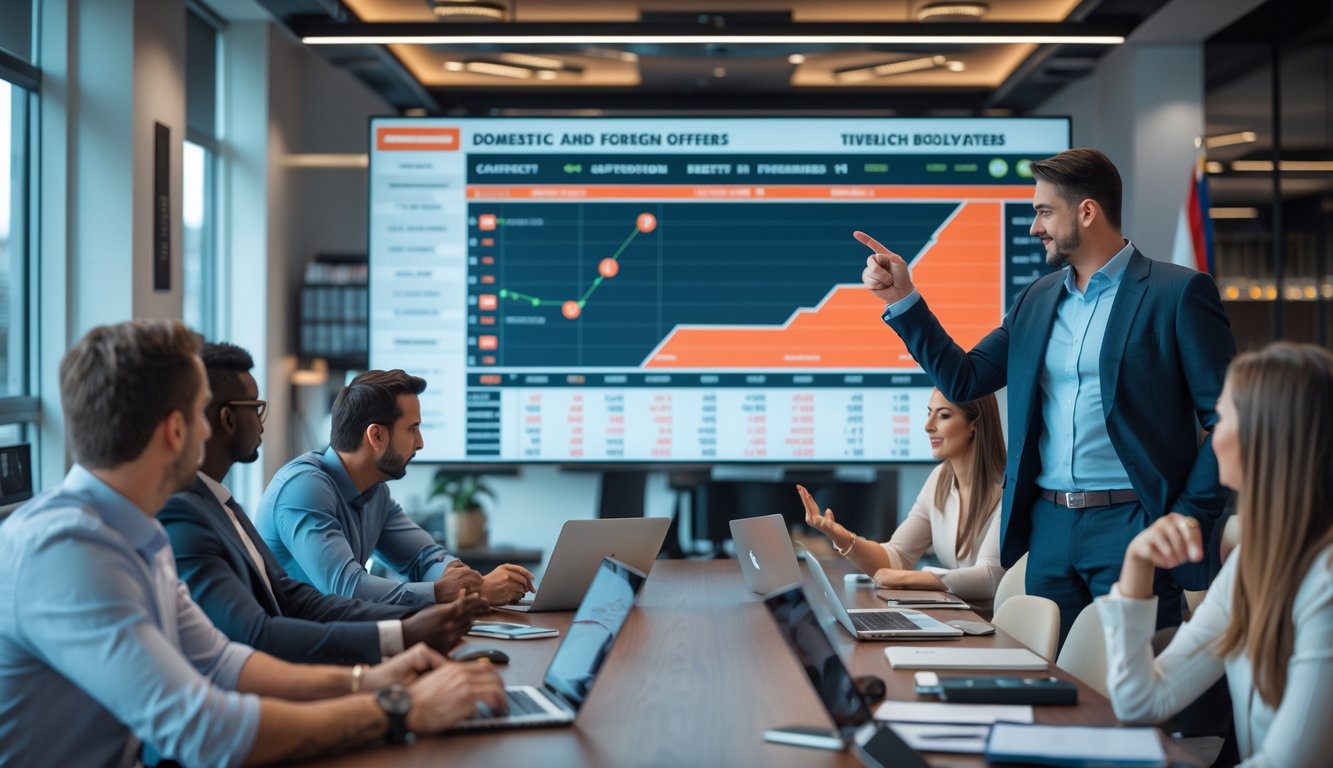 Grupa ljudi u kancelariji raspravlja o klađenju u stranim kladionicama uz prikaz grafikona i uređaja.