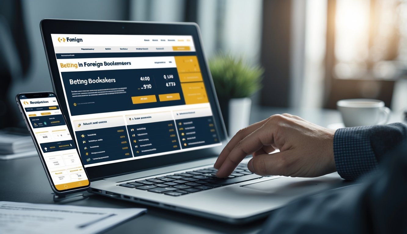 Radni sto sa laptopom i telefonom koji prikazuju stranice za klađenje, ruka koristi laptop, na stolu su dokumenta i šolja kafe.