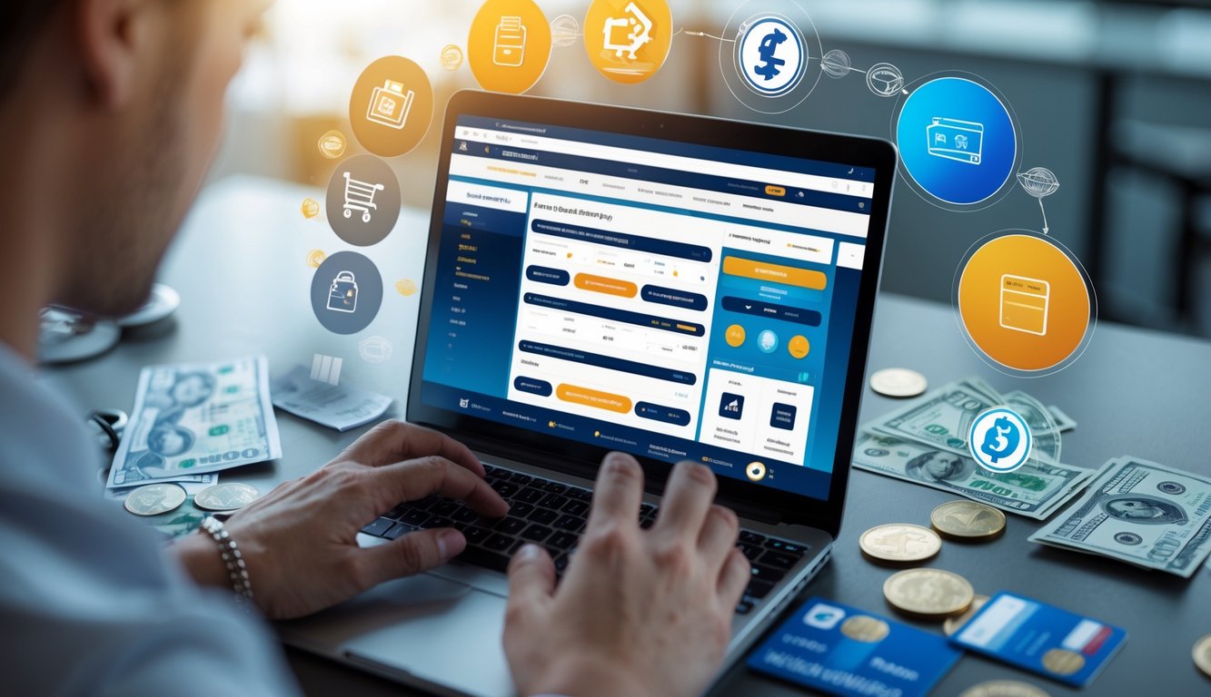 Osoba koristi laptop za klađenje u inostranim kladionicama sa prikazom simbola različitih metoda plaćanja i novca iz različitih zemalja.