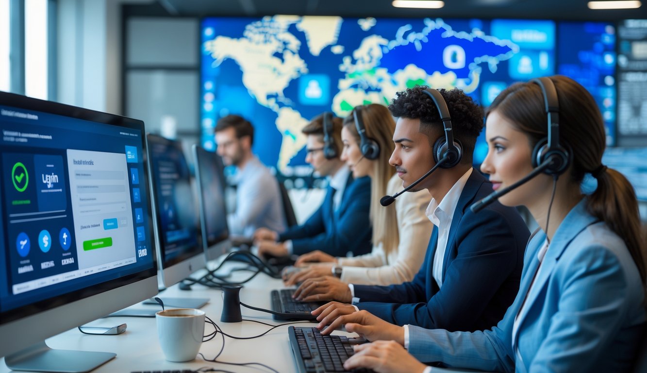 Grupa ljudi u kancelariji radi na verifikaciji i korisničkoj podršci za klađenje u inostranim kladionicama.