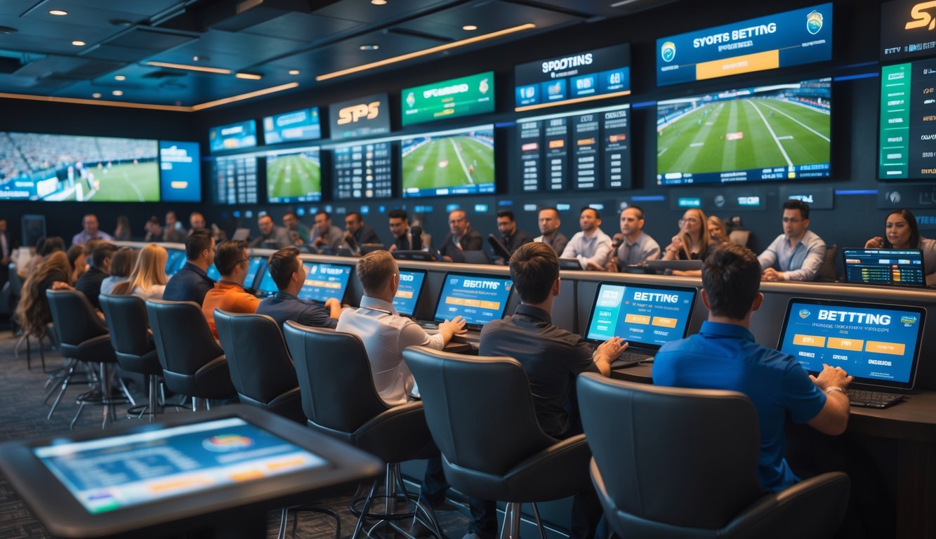 Grupa ljudi u modernom prostoru za klađenje gleda uživo sportske događaje na velikim ekranima i koristi digitalne uređaje za klađenje.