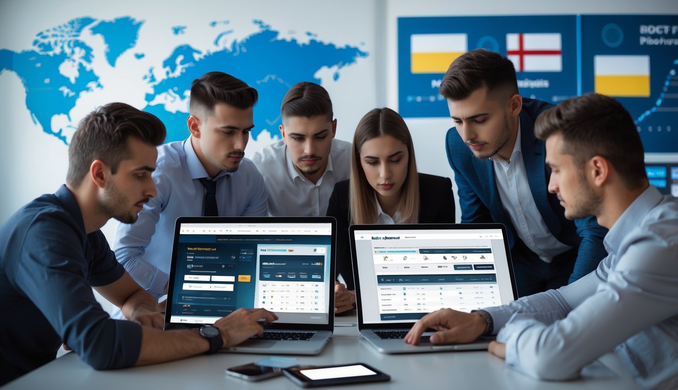 Grupa mladih ljudi iz regiona okupljena oko stolova sa laptopovima i telefonima, fokusirani na online klađenje na stranim sajtovima.