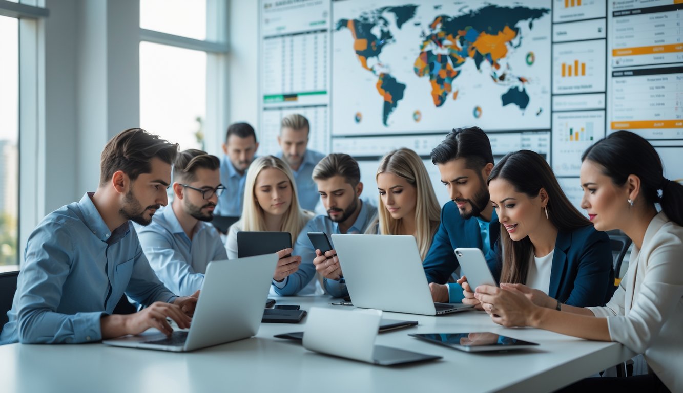 Grupa ljudi u modernom radnom prostoru analizira sportske statistike i kvote na digitalnim uređajima.