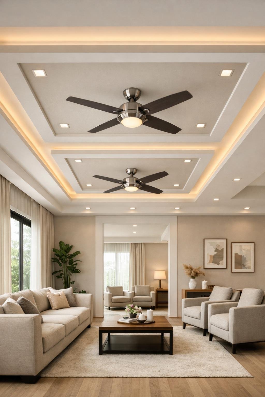 A spacious living room with a modern false ceiling featuring two ceiling fans, recessed lighting, and neutral colored furniture.