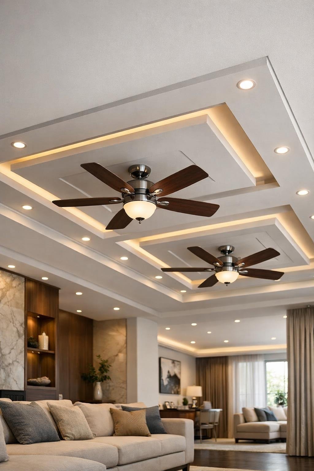 Living room ceiling with a modern false ceiling design and two ceiling fans symmetrically placed.