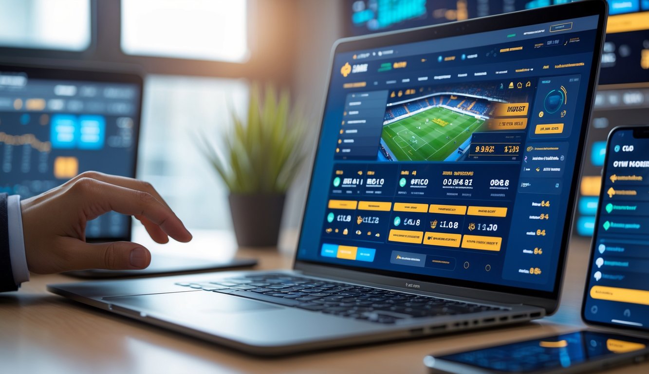 Seorang pria menggunakan laptop dan ponsel untuk memasang taruhan olahraga online di sebuah meja kerja modern.