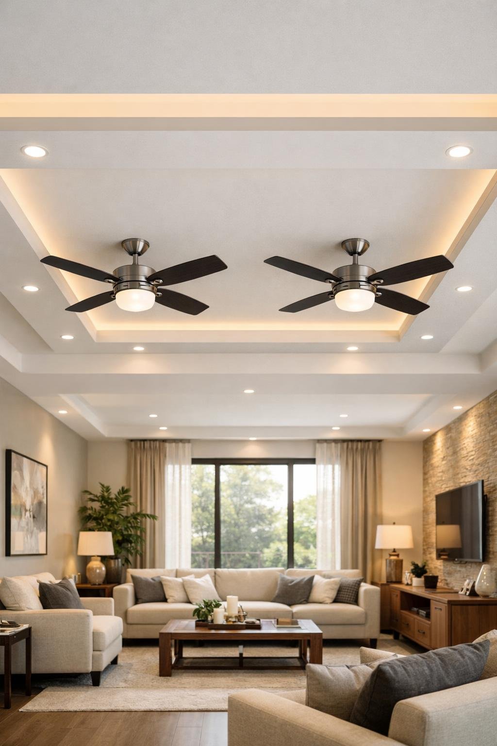 A modern living room with a false ceiling and two ceiling fans evenly spaced, featuring comfortable seating and natural light.