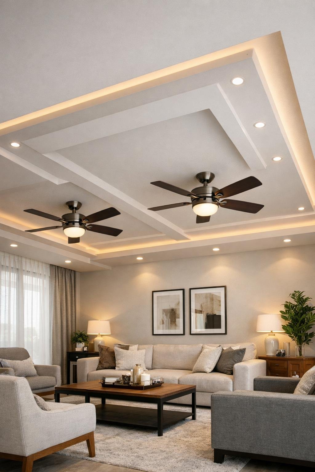 A spacious living room with a modern layered false ceiling featuring two ceiling fans and recessed lighting.