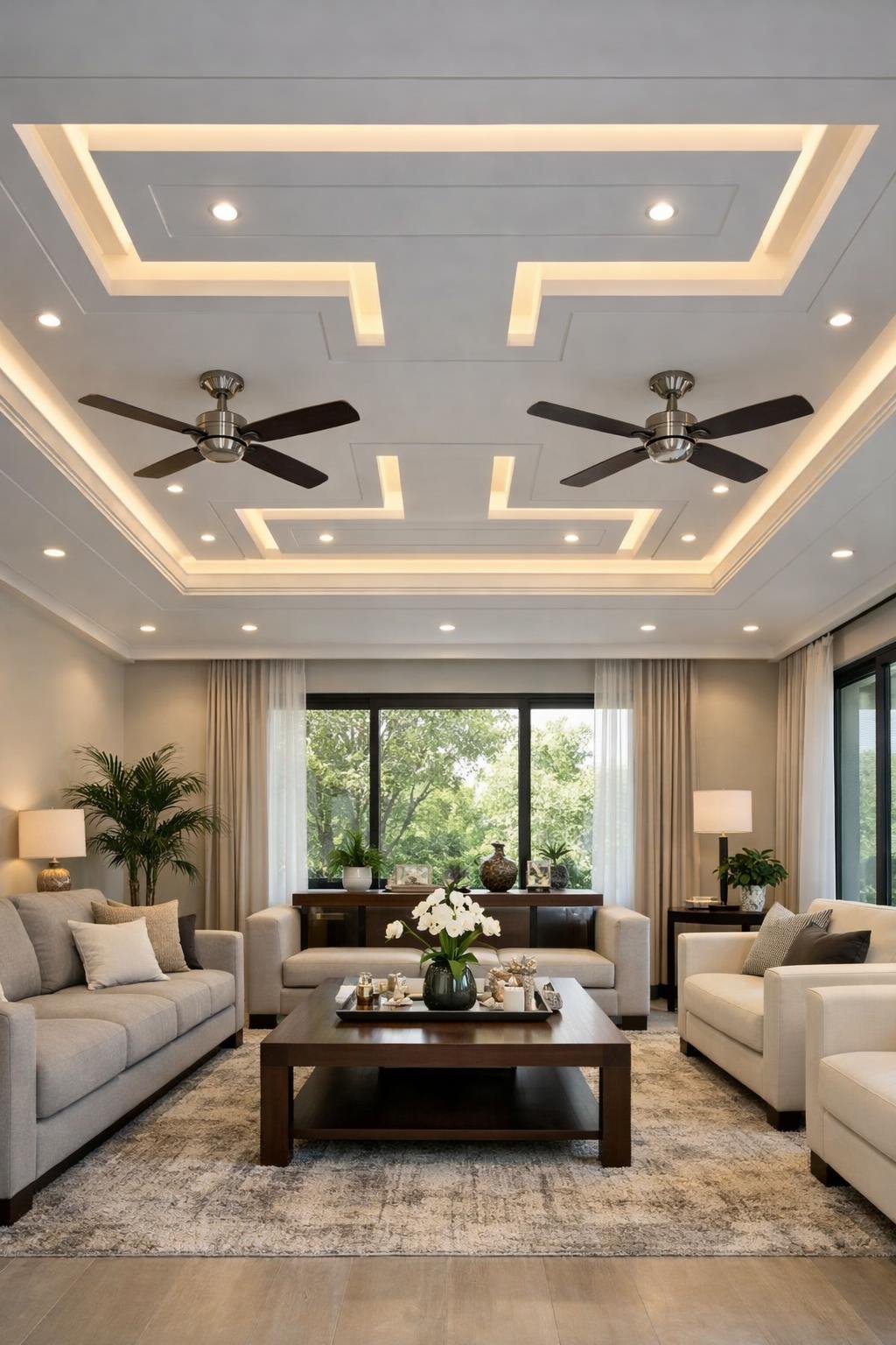 A spacious living room with a symmetrical false ceiling featuring two ceiling fans and recessed lighting, furnished with a sofa set and decorative plants.