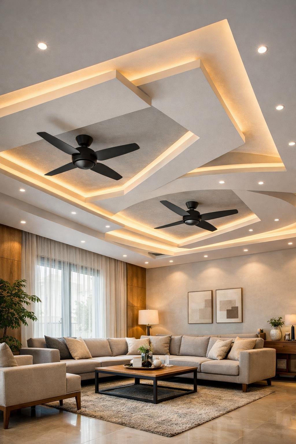 A modern living room with a uniquely designed false ceiling featuring two ceiling fans and balanced lighting, showing a comfortable and spacious hall.