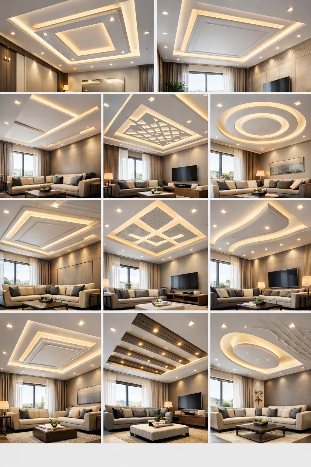 A modern living room with a stylish false ceiling featuring geometric patterns and recessed lighting, furnished with contemporary furniture and large windows.