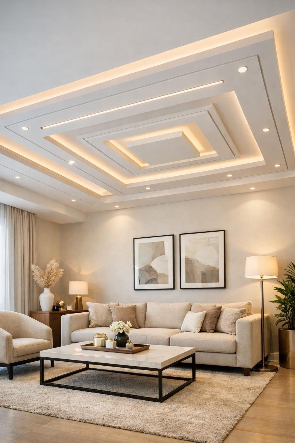 A modern living room with a stylish false ceiling featuring geometric shapes and recessed lighting, furnished with a sofa, coffee table, and decorative plants.