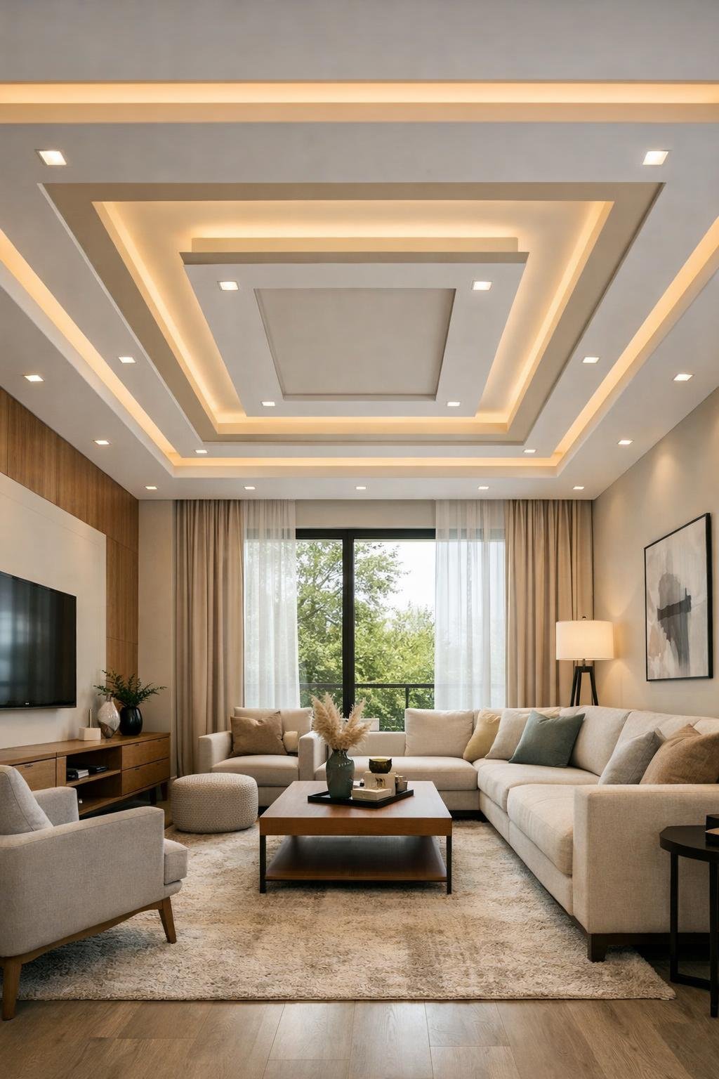 A modern living room with a stylish false ceiling featuring layered designs and recessed lighting, furnished with contemporary furniture and natural light coming through large windows.