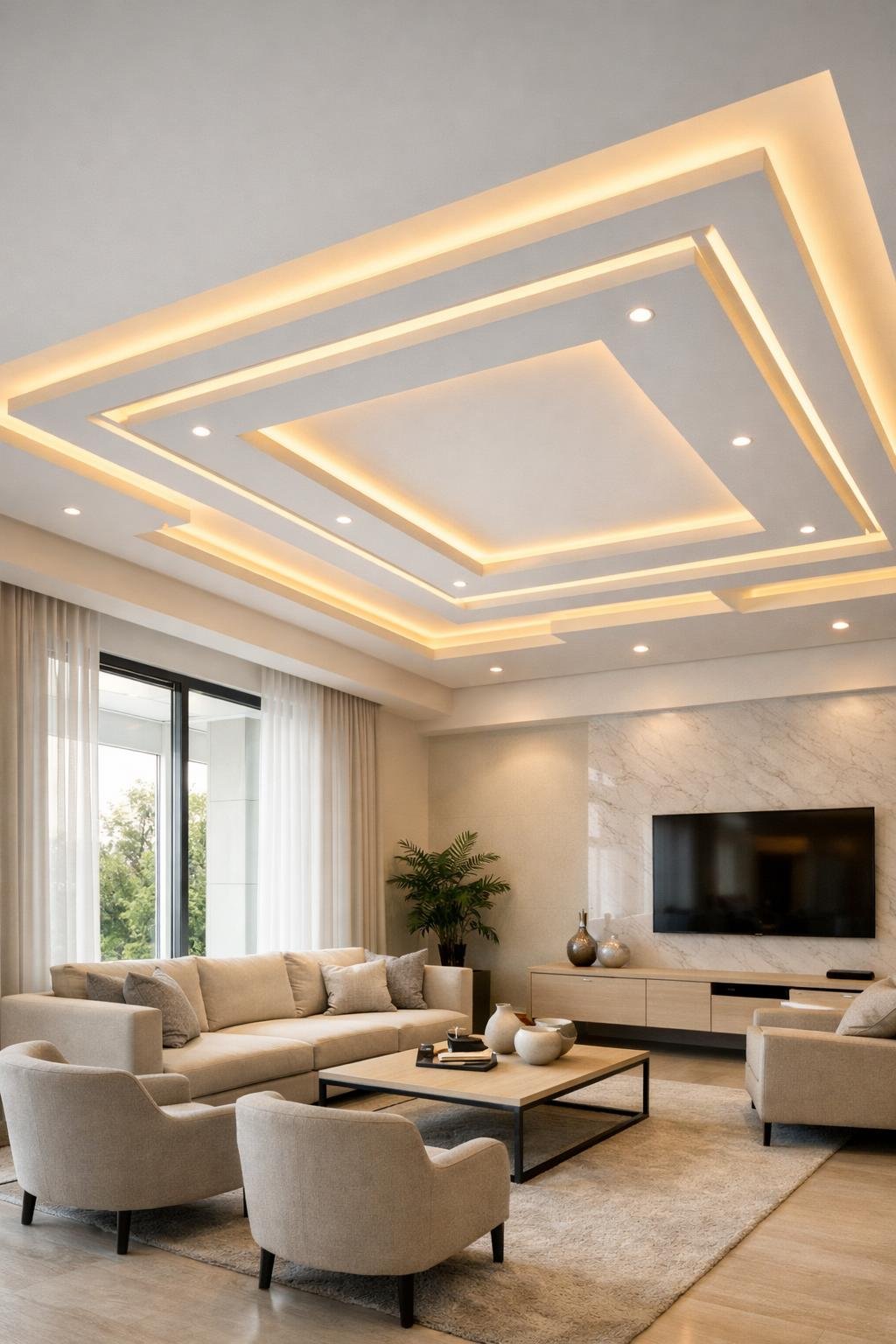 A spacious living room with a modern false ceiling featuring hidden lighting, natural light, and minimalist furniture.