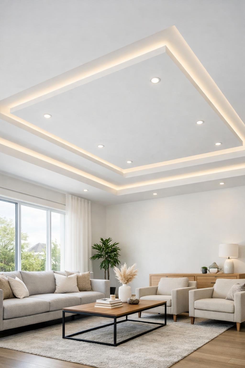 A bright living room with a simple false ceiling and modern furniture, illuminated by natural and recessed lighting.