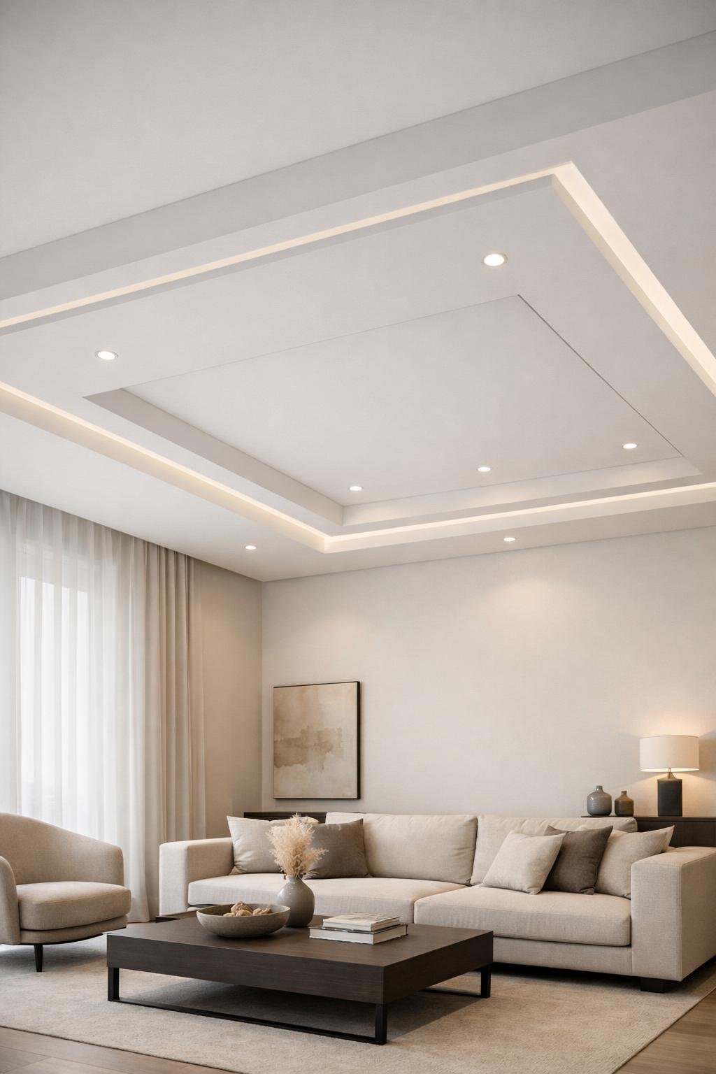 A modern living room with a clean white false ceiling featuring recessed lighting and simple geometric shapes.