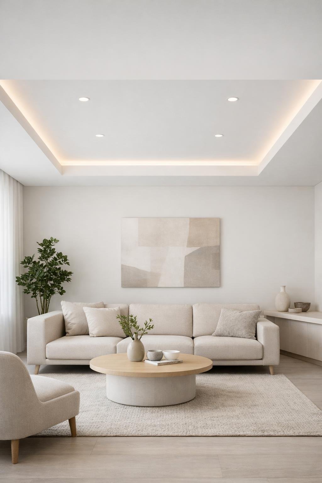 A bright living room with a simple false ceiling and minimal furniture including a sofa and coffee table.