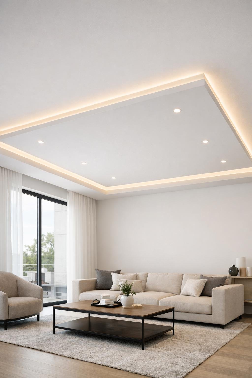 A bright living room with a simple white false ceiling featuring hidden lighting and modern furniture.