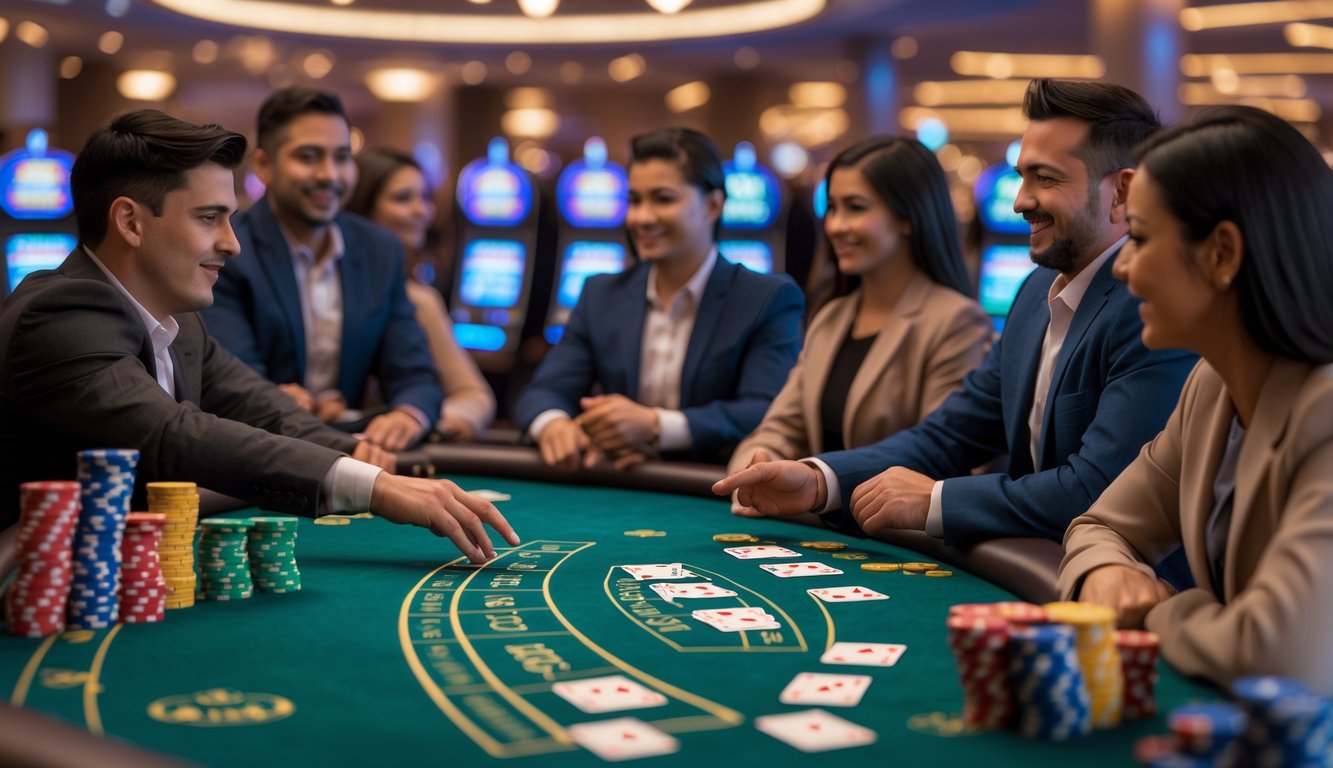 Meja blackjack dengan pemain dan dealer yang sedang bermain di kasino.