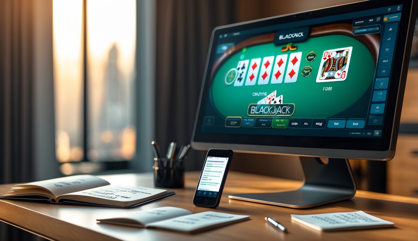 Sebuah meja blackjack digital di layar komputer dengan kartu remi, notebook terbuka, dan smartphone di meja kerja.