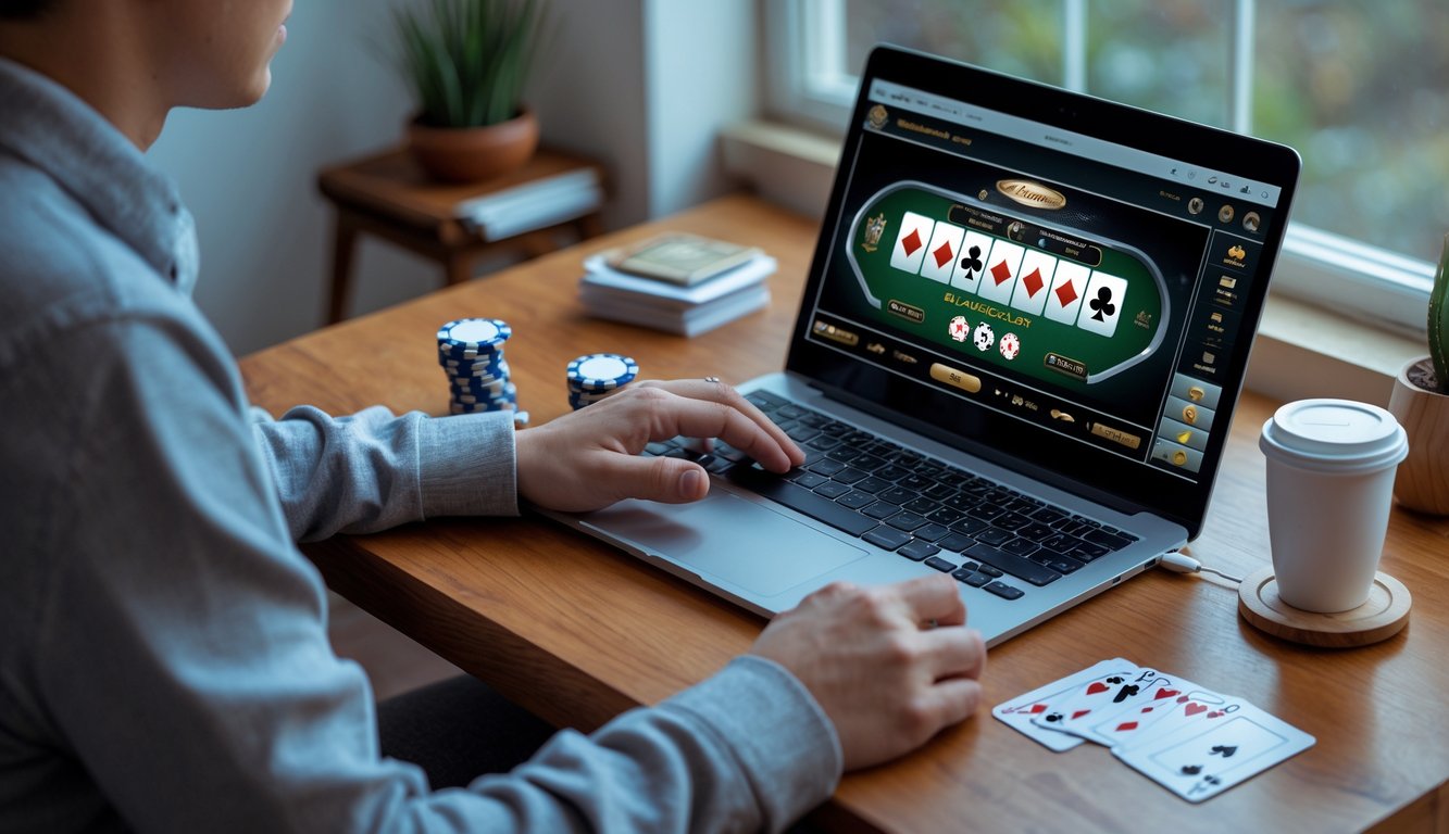 Seseorang sedang bermain blackjack online di laptop di meja kayu dengan tumpukan chip poker dan kartu bermain di sampingnya.