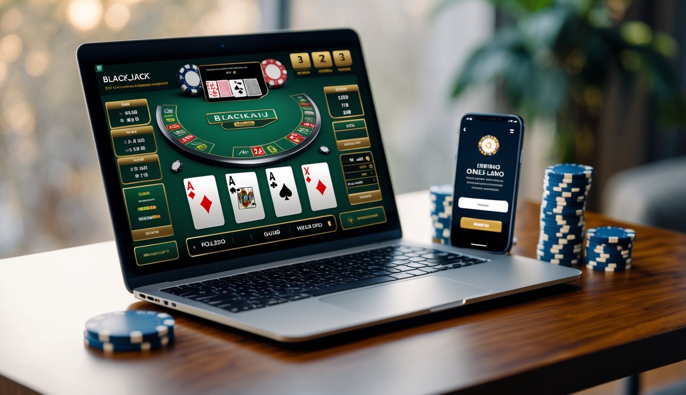 Seorang pemain sedang bermain blackjack online menggunakan laptop di meja kayu dengan chip poker dan ponsel di sampingnya.