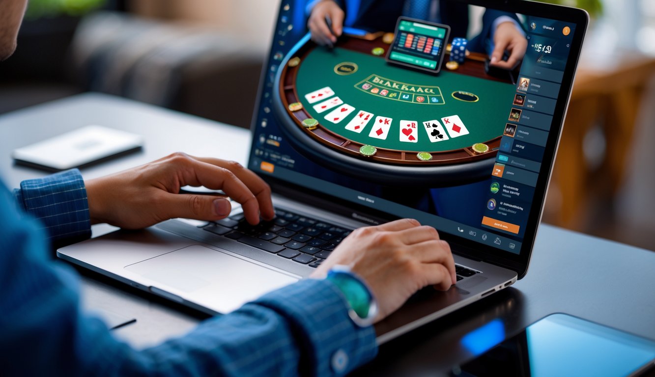 Seorang pemain sedang bermain blackjack online dengan komputer yang menampilkan meja blackjack digital dan chip taruhan.