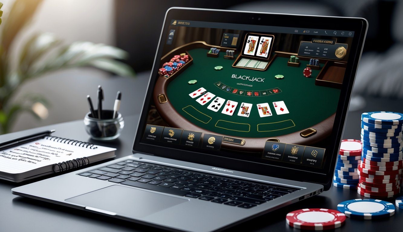 Seorang pemain sedang menggunakan laptop dengan tampilan permainan blackjack online, di sekitarnya terdapat catatan, pena, dan tumpukan chip poker.