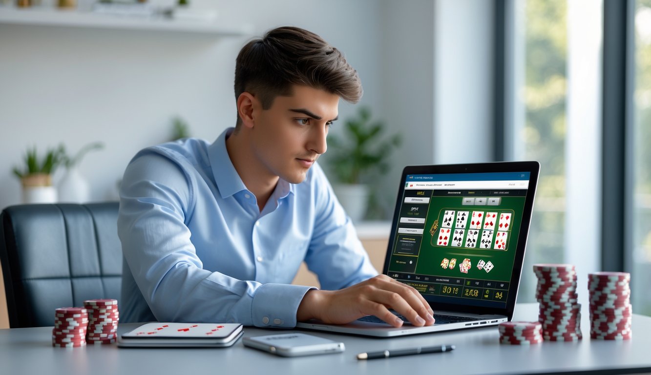 Seorang pria muda duduk di depan laptop dengan permainan blackjack online, dikelilingi chip poker dan kartu remi, sedang mencatat dan mengatur modal dengan serius.