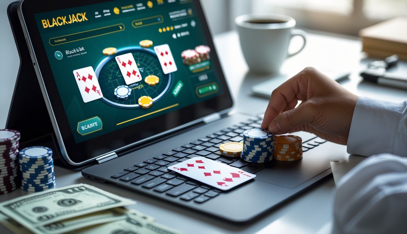 Seseorang sedang bermain blackjack online dengan tumpukan chip dan uang di meja, di depan laptop di ruang kerja yang rapi.
