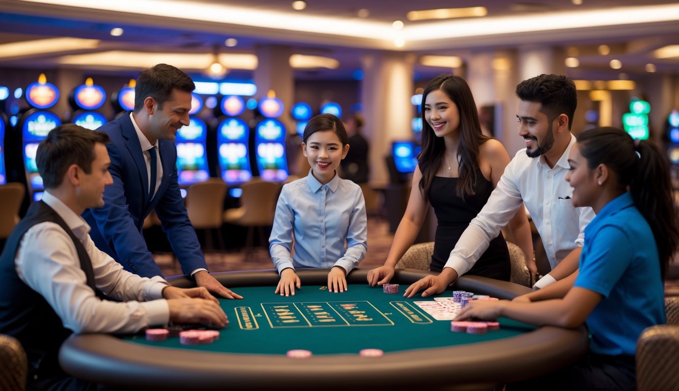 Suasana meja blackjack di kasino dengan pemain pemula dan dealer yang ramah, menunjukkan lingkungan yang aman dan terpercaya.