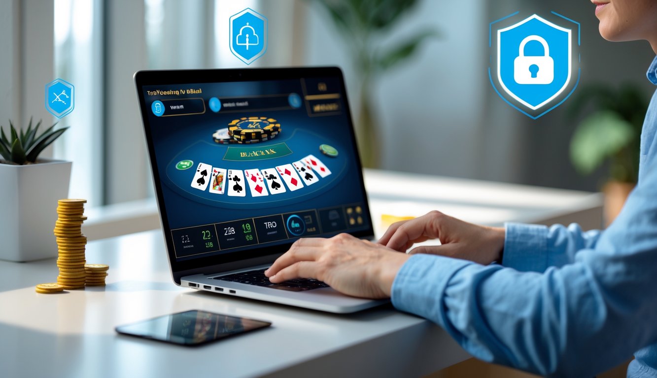 Seorang pemula bermain blackjack online di laptop di meja kerja yang rapi dengan pencahayaan alami.