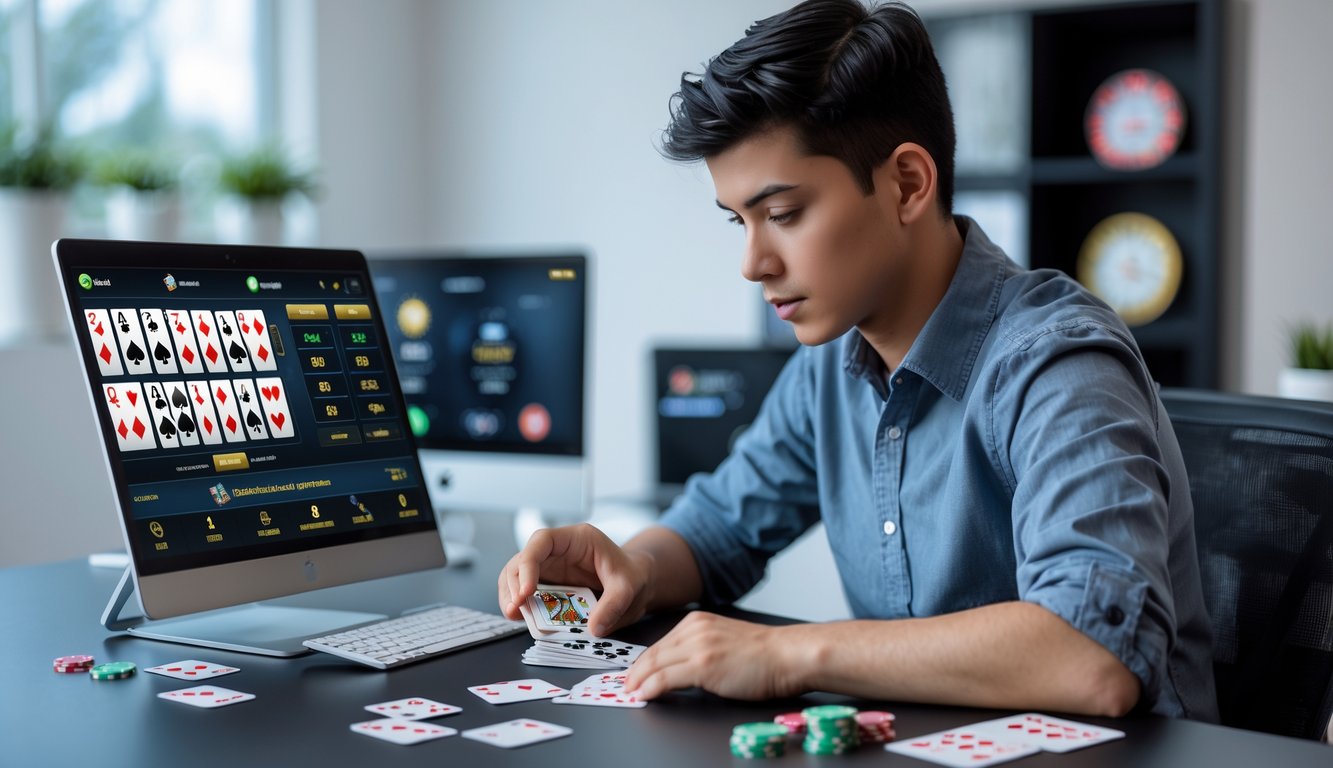 Seorang pemula sedang belajar bermain blackjack online dengan laptop di meja kerja, memperhatikan kartu dan chip poker dengan serius.