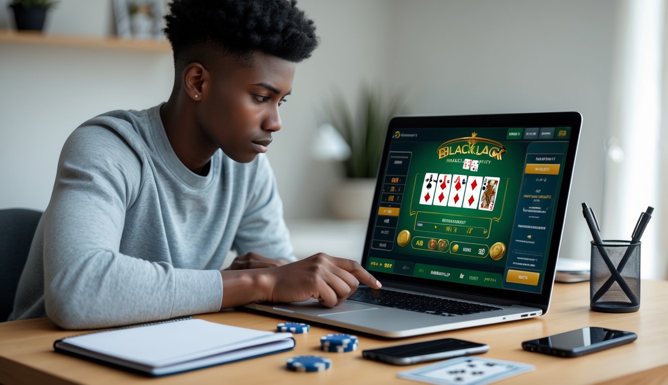 Seorang pemuda fokus belajar teknik dasar blackjack online di depan laptop dengan kartu dan catatan di meja.