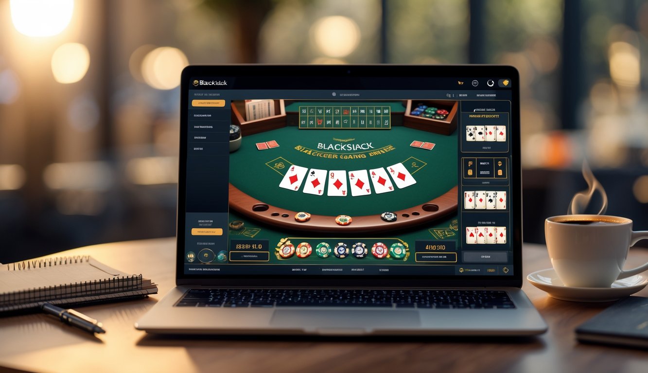 Seseorang duduk di depan komputer dengan layar yang menampilkan permainan blackjack online, di meja terdapat buku catatan, pena, dan cangkir kopi.