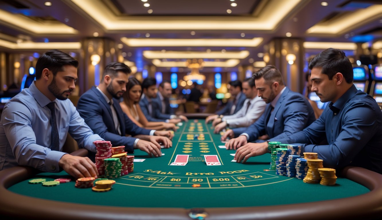 Meja blackjack dengan pemain yang sedang fokus bermain di kasino.
