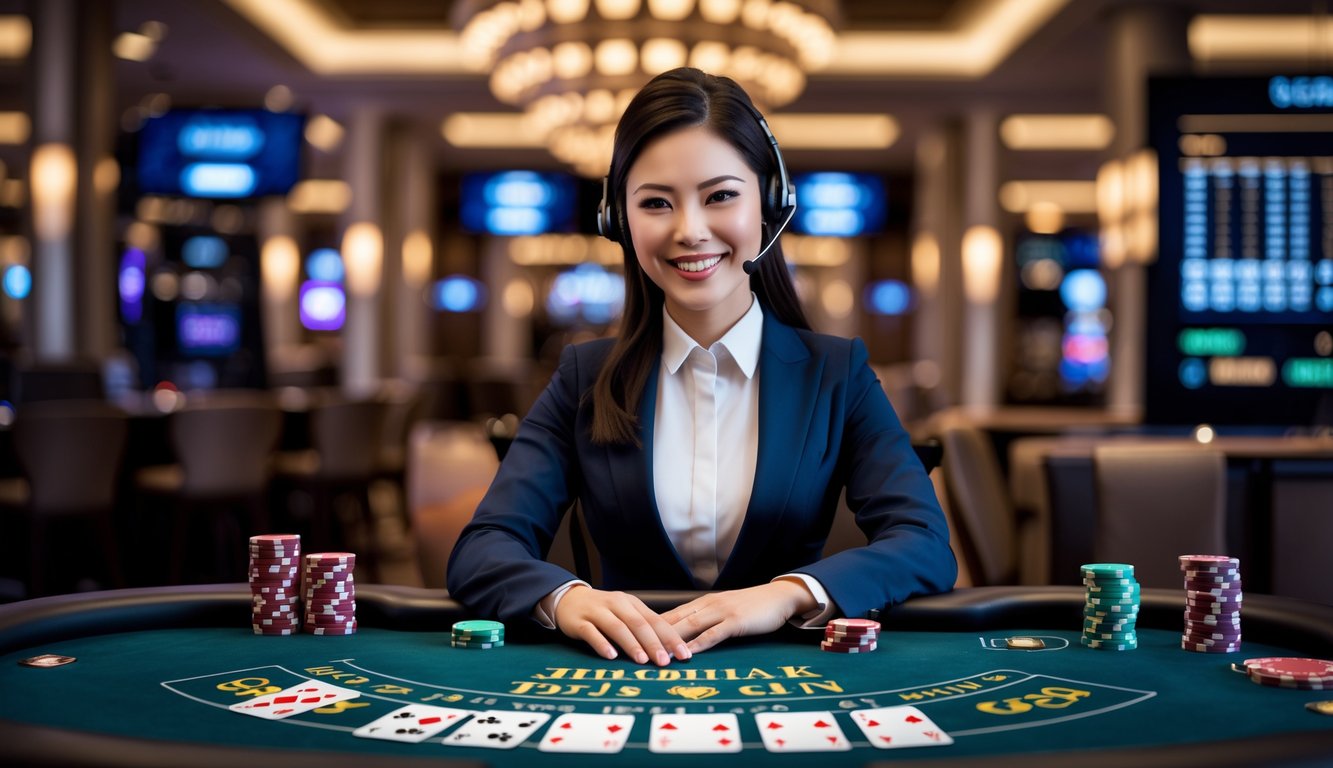 Seorang dealer blackjack profesional duduk di meja kasino dengan kartu dan chip, tersenyum dan menggunakan headset, suasana kasino yang elegan di latar belakang.