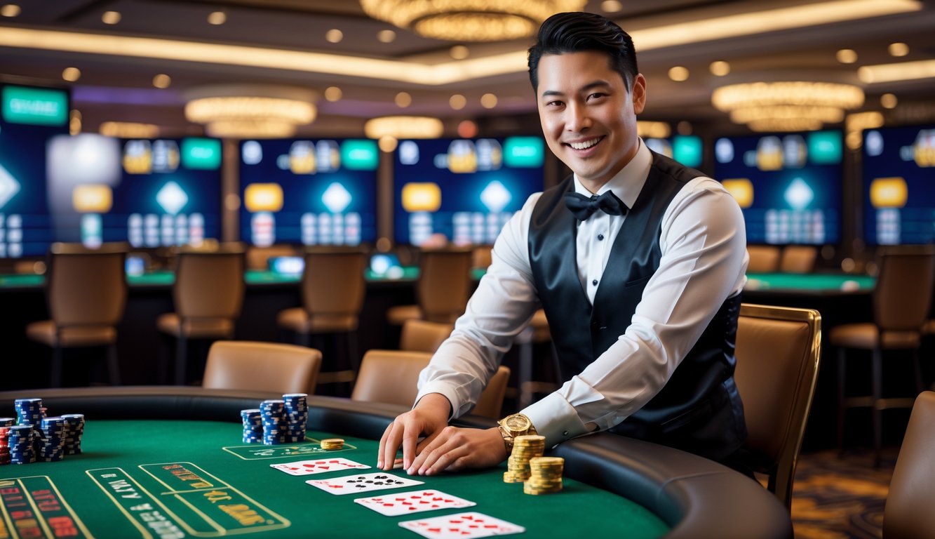Seorang dealer blackjack profesional sedang membagikan kartu di meja hijau dengan monitor besar di latar belakang yang menampilkan grafik permainan.